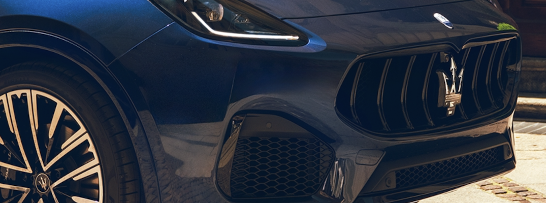Closeup exterior shot of the trident on the grille of a 2025 Maserati Grecale.
