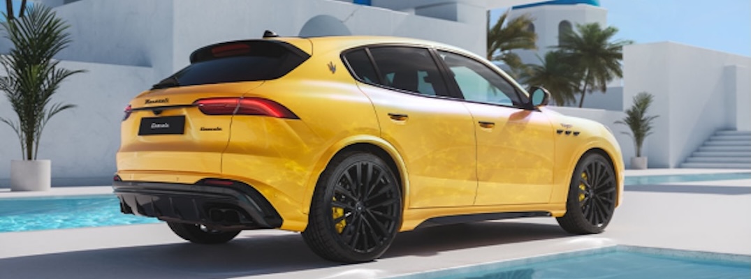 A yellow 2025 Maserati Grecale from an overhead angle showcasing the rear.